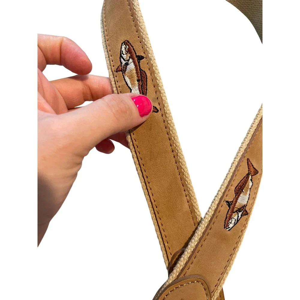 Tan Redfish Embroidered Canvas Leather Belt Gold Buckle Size 36 by Guy Harvey